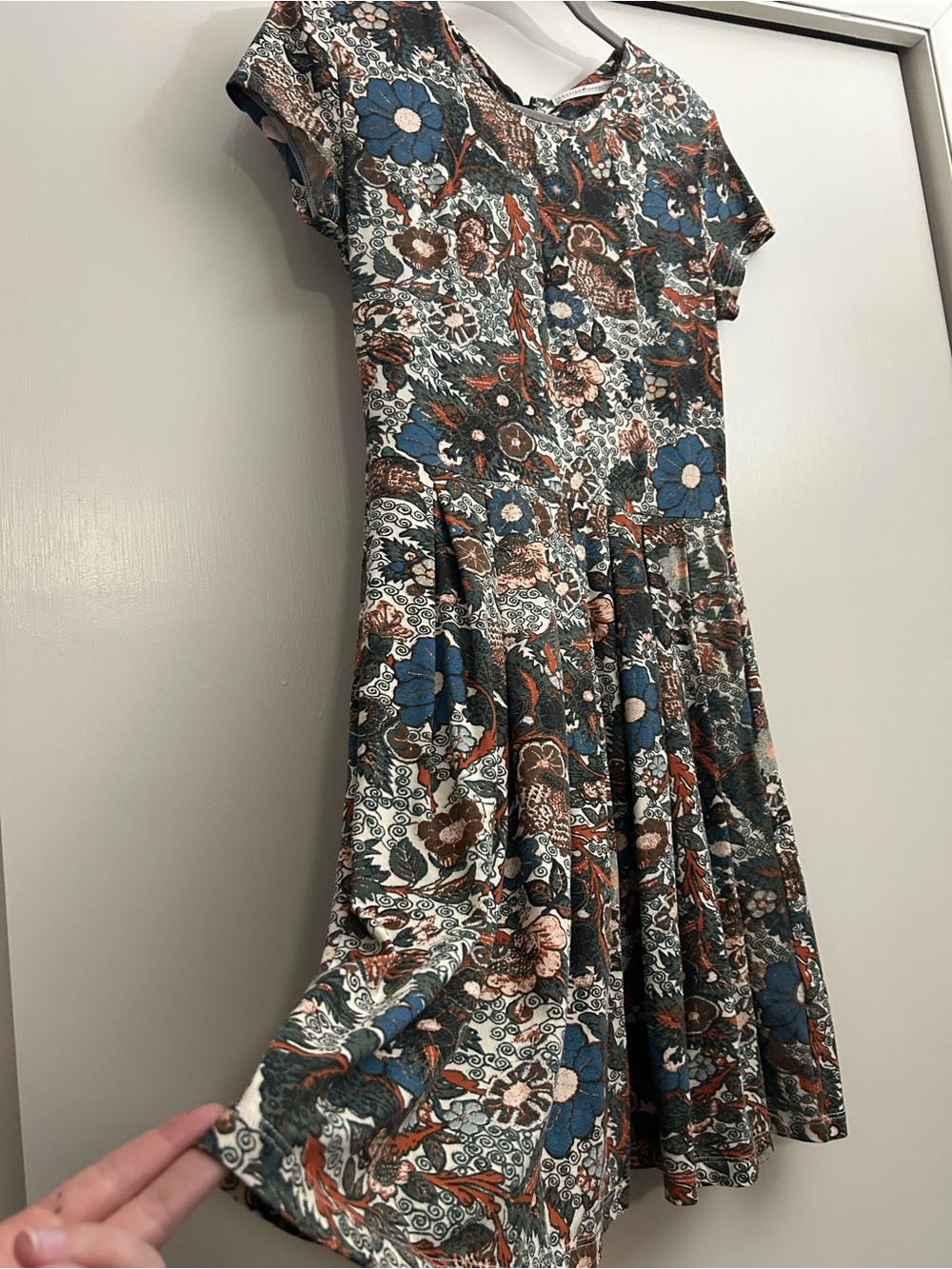 Peruvian Connection Floral Fit-and-Flare Dress in Blue and Brown. Size Small